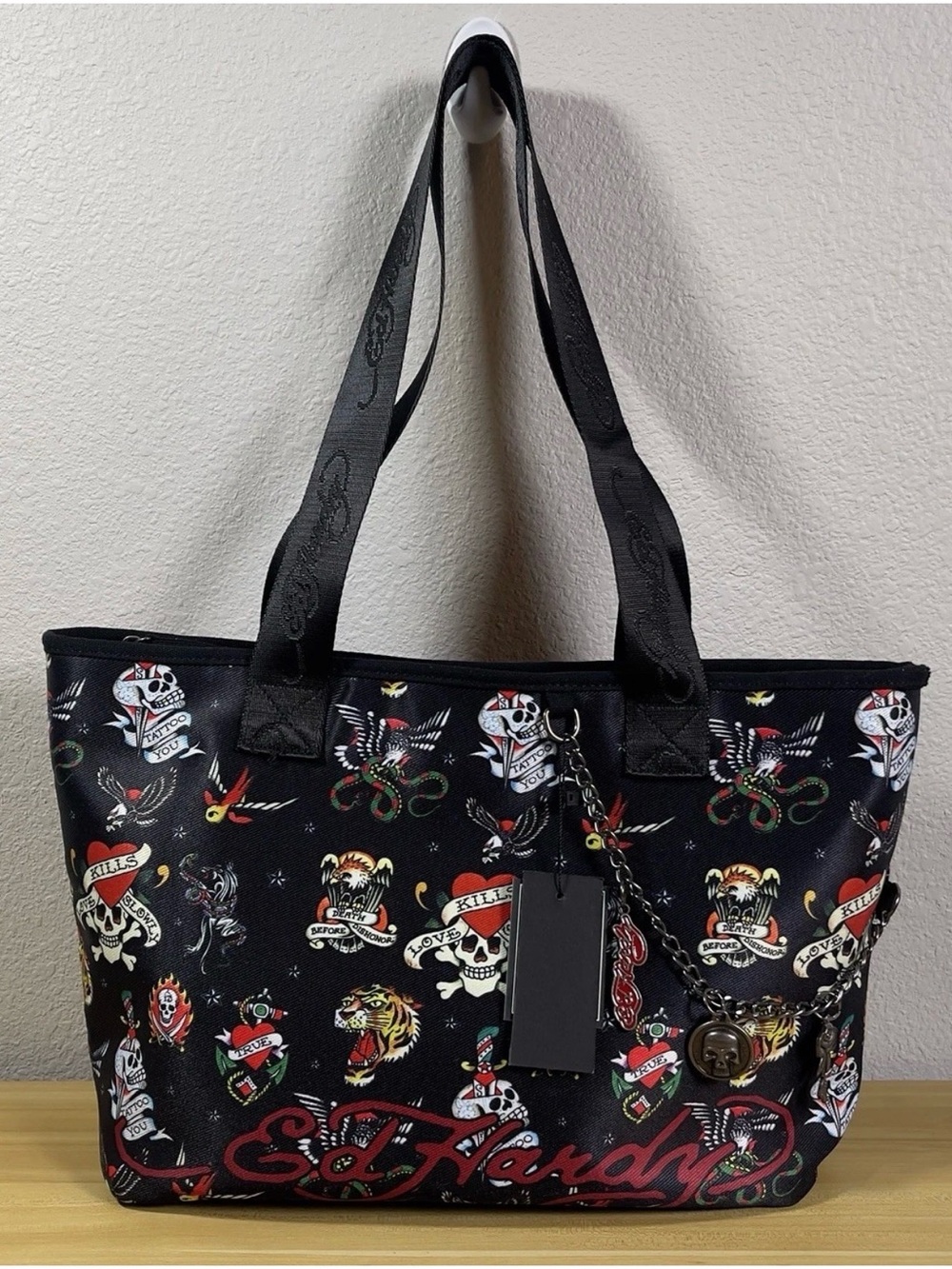 Ed Hardy Black Tattoo-Print Tote with Chain Charm